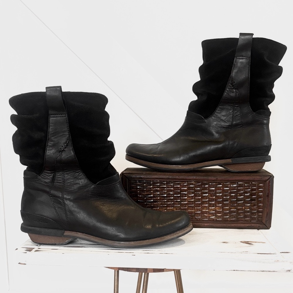 Patagonia Addie Suede & Leather Ruffle Slouch Ankle Pull On Boots Black